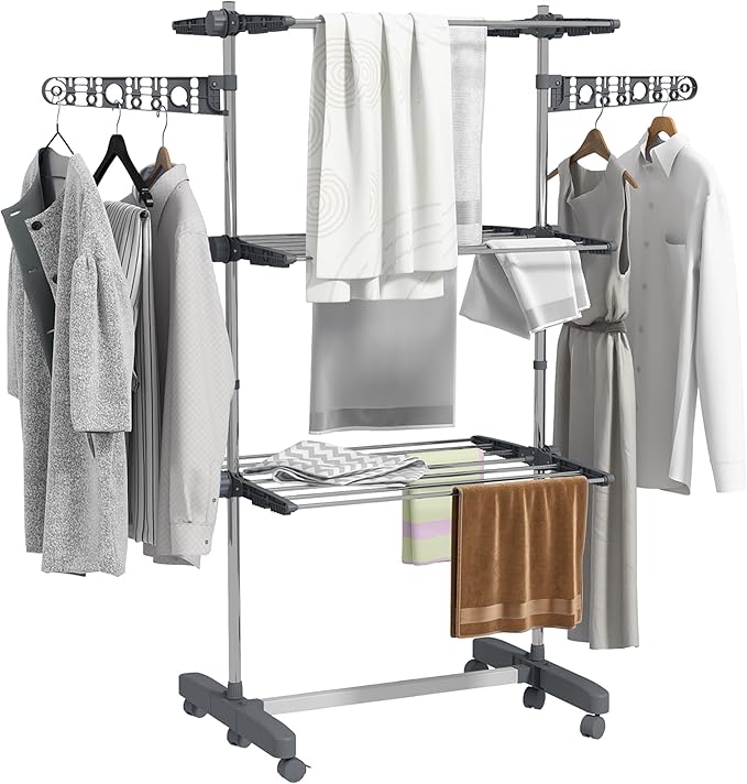 HOMCOM Folding Clothes Airer in Stainless Steel and Plastic, Space-Saving Vertical Drying Rack with 6 Wheels, Hooks and 3 Adjustable Shelves for Indoors, 142 x 55 x 152 cm, Silver Grey