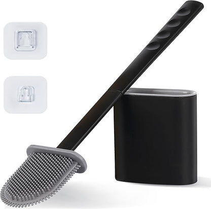 Modern Minimalist Silicone BlackToilet Brush and Holder Set – Pack of 1 Wall Mounted Toilet Bowl Brush – Long Non-Slip Handle, Flexible Bristles for Self-Cleaning & Splash-Free, Easy-Rinse Design