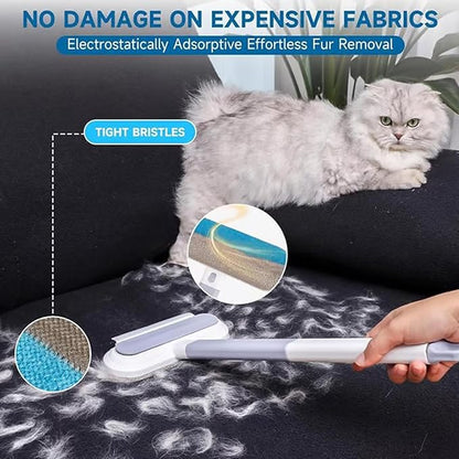 Reusable Pet Hair Remover Brush, 4-in-1 Multifunction Pet Hair Removal Tool with 17.7" Extra Long Handle for Furniture, Car, Carpet & Multi-Surfaces (Blue)
