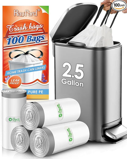 2.5 Gallon/10 Liter 100 Counts Strong Drawstring Trash Bags Garbage Bags by RayPard, Small Plastic Bags, Trash Can Liners for Home Office Kitchen Bathroom Bedroom, White Waste Basket Liners (White)