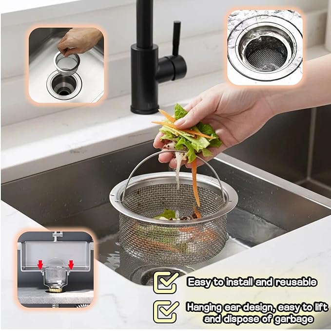 3" Kitchen Sink Strainer, 2-Pack Fine Mesh Basket - Catches Food Waste, Hair & Prevents Clogs, Rust-Proof Stainless Steel, Fits Standard Drain