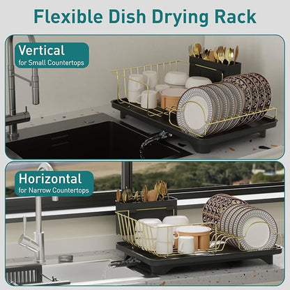 Buruis Dish Drying Rack for Kitchen Countertop, Large Capacity Gold Stainless Steel Dish Drainer with Anti-Slip Rubber Feet, Removable Drain Board and Utensil Holder (Black Tray)