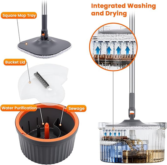 Chabatree Mop and Bucket Set，Spin Mop and Bucket Set with Separate Dirty and Clean Water，12 Replaceable Mop Pads，Deep-Cleaning Mops for Floors, Versatile Mops for Walls