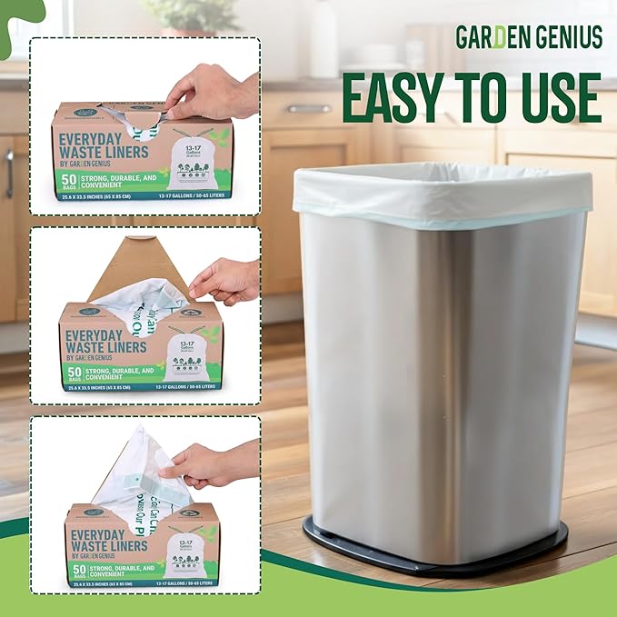 Biodegradable 13-17 Gallon Code-Q Trash Bags (50 Pack) | Strong Heavy-Duty Tall White Kitchen Bags w/Drawstring | Fits Simplehuman & Standard Cans | Eco-Friendly D2W, 30 Micron Thick | 25.6" x 33.5"