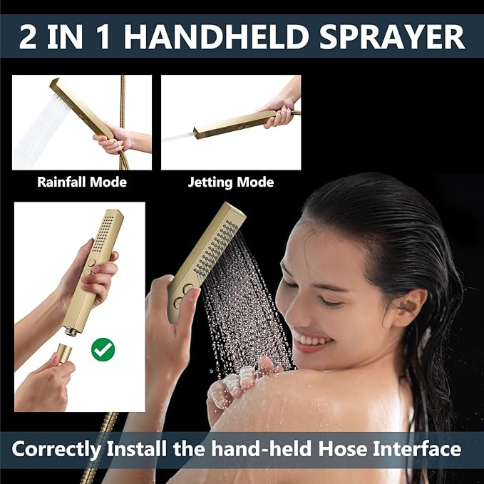 Aolemi Shower Faucet Set Ceiling Mount Shower System Rough-in Valve and Shower Trim Kit 2 in 1 Handheld Spray Push Button Diverter 12 and 6 Inch Dual Shower Head Brushed Gold