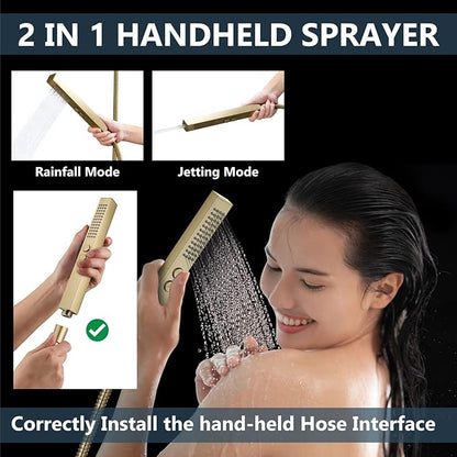 Aolemi Shower Faucet Set Ceiling Mount Shower System Rough-in Valve and Shower Trim Kit 2 in 1 Handheld Spray Push Button Diverter 10 and 6 Inch Dual Shower Head Brushed Gold