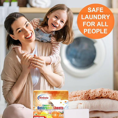 Binbata Laundry Detergent Sheets, 200 Loads Citrus Charm Scent Hypoallergenic Eco-Friendly, Biodegradable Plastic Free Liquidless Laundry Sheets Suitable for Sensitive Skin