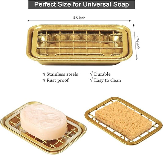 SheeChung Kitchen and Bathroom Soap Dish Tray - Metal Soap Dish Tray with Drainage Grid and Holder for Kitchen Sink Countertops to Store Soap, Sponges, Scrubbers - Rust Resistant (Gold)