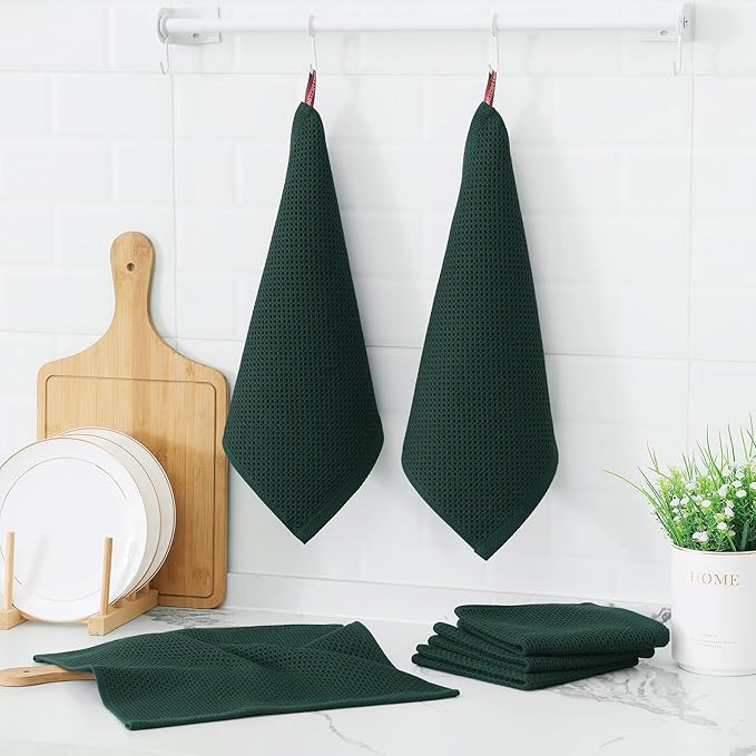 Kitinjoy 100% Cotton Kitchen Dish Cloths (12 X 12 Inches, Blackish Green), 8 Pack Waffle Weave Ultra Soft Absorbent Dish Towels for Drying Dishes Quick Drying Kitchen Towels Dish Rags