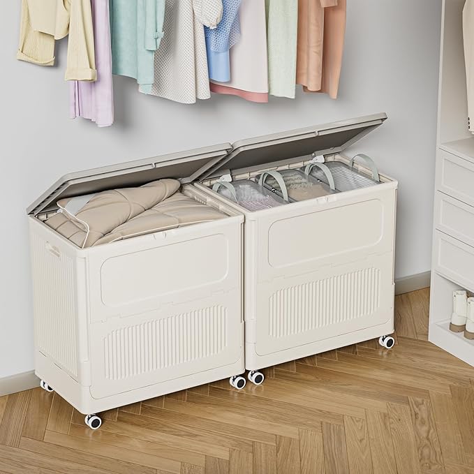 HAIXIN HOME 130L Plastic Laundry Hamper with 3 Soft Bags, Foldable Rolling Clothes Laundry Basket with Lid for Bedroom, Bathroom, Dorm, Heavy Duty Clothes Organizer with Wheels for Bedding, Blankets
