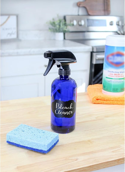 Cornucopia Brands 16oz Cobalt Blue PLASTIC Spray Bottles w/Heavy Duty Mist & Stream Sprayers and Chalkboard Labels (6-pack); PET #1 BPA-free, Use for DIY, Kitchen, Hair