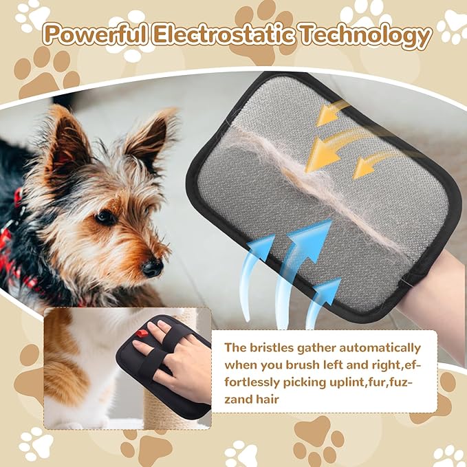 2PCS Newly Pet Hair Removal Gloves,Reusable Electrostatic Cat Dog Pet Hair Removal Gloves,Hair Remover for Couch,Furniture,Carpet,(2 Pack Glove,1Red Lint Scraper) Cat and Dog Glove.