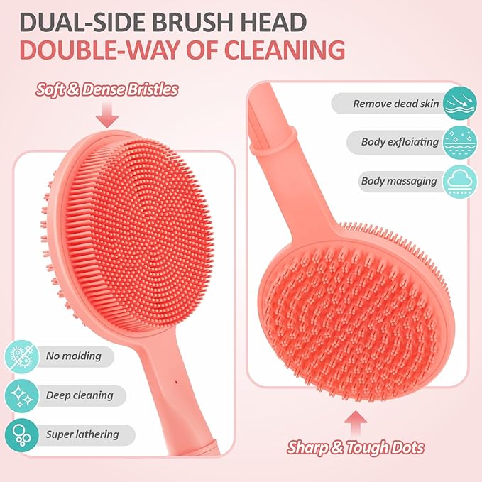 Silicone Back/Face Scrubber & Soft Bath Glove 3PCS, 16''- 24'' Extendable Shower Back Scrubber, 360° Anti-Slip & Hand-fit Silicone Bath Glove, Manual Face Brush for All-Round Cleaning(Pink)