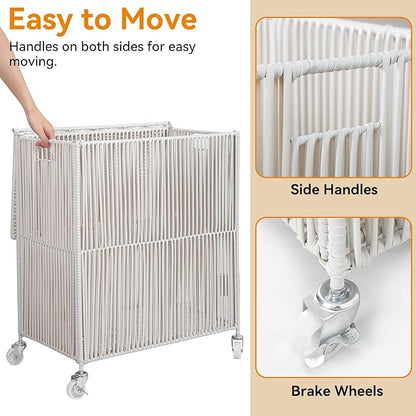 WOWLIVE Laundry Hamper with Wheels, Handwoven Rolling Laundry Basket with Lid, Clothes Hamper with Divided Removable Liner Bag, 115L Large Laundry Sorter Laundry Room Organization, Creamy White