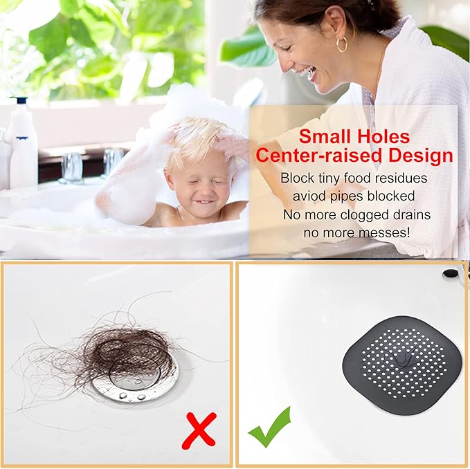 Hair Drain Catcher,Square Drain Cover for Shower Silicone Hair Stopper with Suction Cup,Easy to Install Suit for Bathroom,Bathtub,Kitchen 2 Pack (Sliver Grey Black)