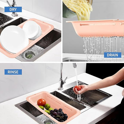 LASSHSWA Collapsible Colander for Kitchen, Over the Sink Strainer Basket for Kitchen, Fruit Pasta Food Strainer Expandable Plastic Colander BPA Free (Orange Pink)