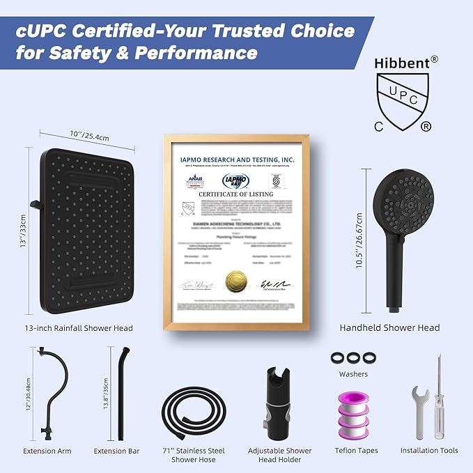 Hibbent Upgraded cUPC Certified 13'' Shower Head Combo, High Pressure 5 Spray Rainfall Showerhead with 10 Sprays Handheld, All Metal 3-way Diverter Shower Arm, 71'' Hose and Holder, Oil-Rubbed Bronze
