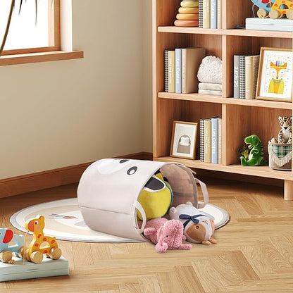 Kids Laundry Basket, Canvas and Linen Round Laundry Basket with Handles, Foldable Large Capacity Organizer for Storing and Children's Toys