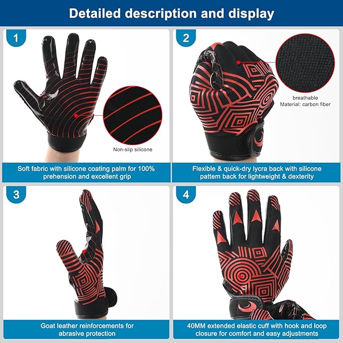Youth Football Gloves Kids Silicone Grip Receiver Gloves with Super Stick Ability for Best Game Experience