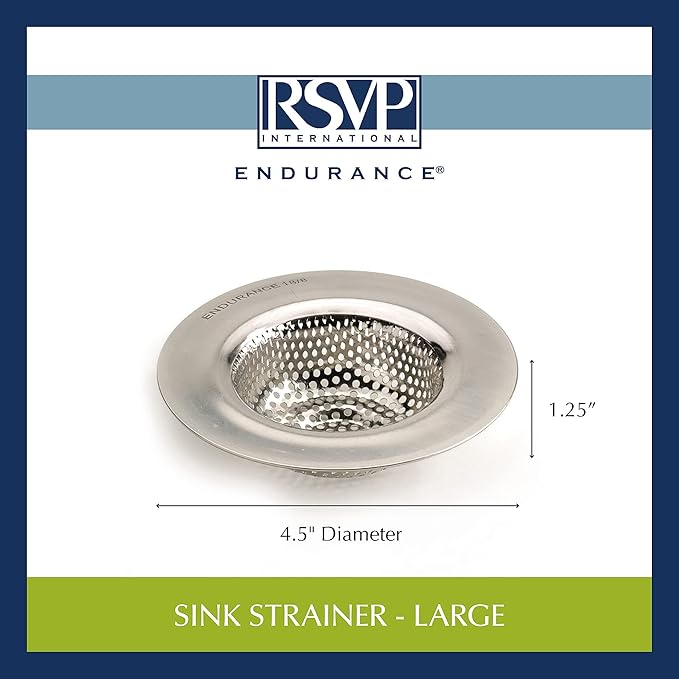 RSVP International Endurance® Stainless Steel Large Sink Strainer, 4.5" | Traps Food Scraps | Polished Finish with Precision Pierced Holes | Dishwasher Safe