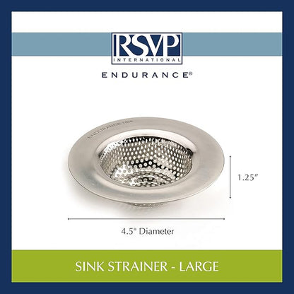 RSVP International Endurance® Stainless Steel Large Sink Strainer, 4.5" | Traps Food Scraps | Polished Finish with Precision Pierced Holes | Dishwasher Safe