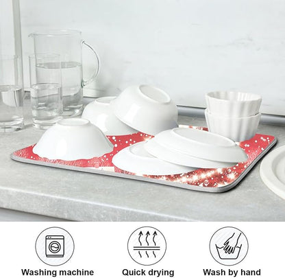 Christmas Tree Red Dish Drying Mat for Kitchen Countertop 18x24 Winter Snow Cabin Xmas Large Drying Mat Reusable Quick Dry Dish Sink Mats Easy Clean Decorative Essentials