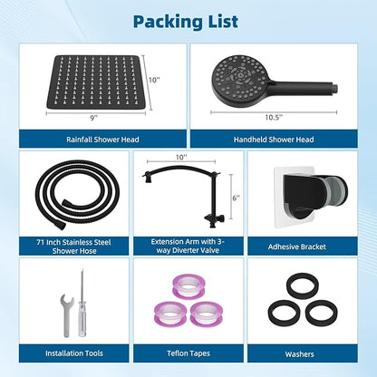 Hibbent All Metal cUPC Certified Shower Head, 10'' High Pressure Rain Shower Head, Handheld Showerhead Combo with 16'' Adjustable Extension Arm, 10 Sprays, 71'' Hose, Showerhead Holder, Matte Black