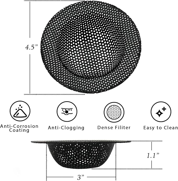 2 Pcs Black Kitchen Sink Drain Strainer for Most Drains, Stainless Steel, Large Wide Rim, 4.5in Diameter, Anti-Clogging, Rust Free