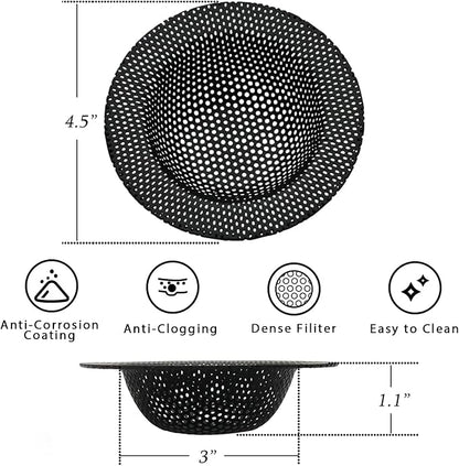 2 Pcs Black Kitchen Sink Drain Strainer for Most Drains, Stainless Steel, Large Wide Rim, 4.5in Diameter, Anti-Clogging, Rust Free