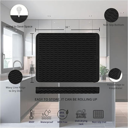 Silicone Drying Mat 16 × 12 – Black Non-Slip Sink Mat for Kitchen Counter, Heat-Resistant Food-Grade Dish Pad, Easy-Clean Multipurpose Drawer Liner (Black, 16'' x 12'')