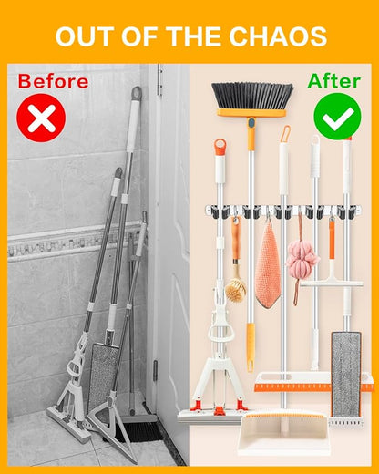 2 Pack Broom Holder Wall Mount with 13" Heavy-duty Storage Strap Kit - 5 Slots & 4 Hooks Broom Mop Holder, Heavy Duty, Stainless Steel, for Laundry Room Garage Closet Organization