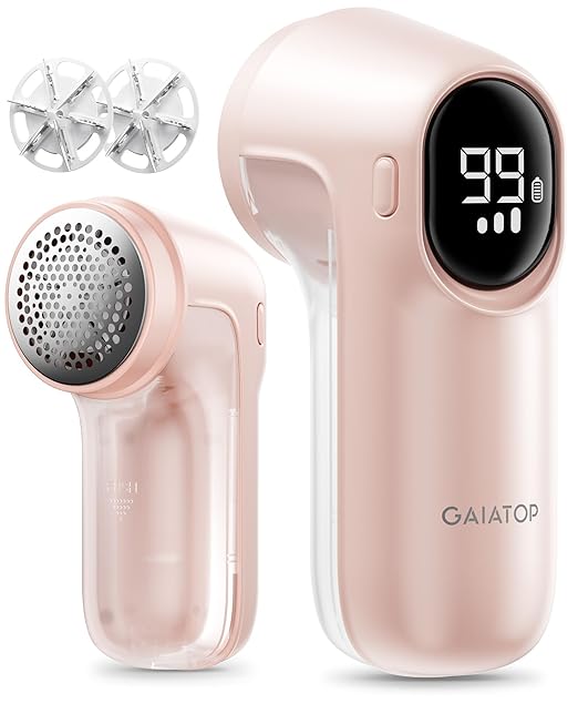 Gaiatop Fabric Shaver Rechargeable, Electric Lint Remover Shaver with LED Display, 6 Leaf Blade, 3-Speeds Sweater Depiller for Clothes, Furniture, Couch, Fuzz, Pills, Pink