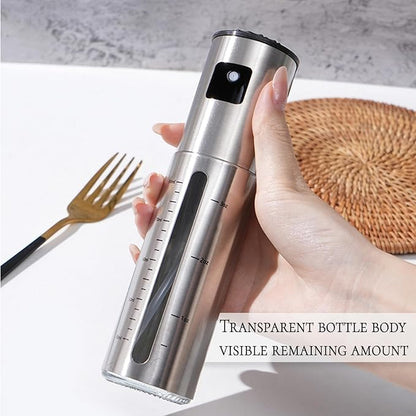 Oil Sprayer for Cooking Spritzer with Scale,Olive Oil Dispenser Bottle for Kitchen(3.3OZ),Hollowed-out Visible Margin Stainless Steel