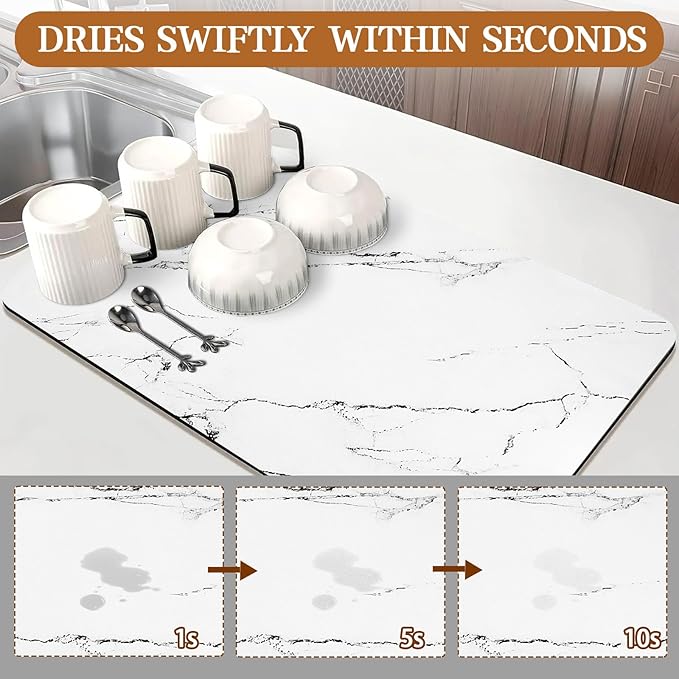 White Dish Drying Mat, 24"x16" Dish Draining Mat with Non-slip Rubber Backed, Absorbent Heat Resistant Dish Drying Mats for Kitchen Counter, Easy to Clean Coffee Machine Mats (White)
