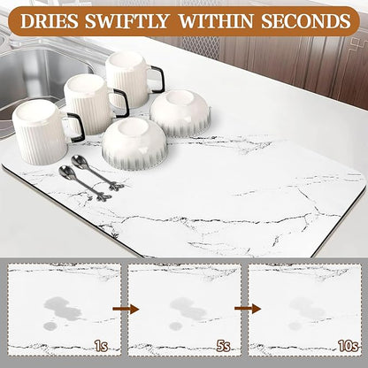 Dish Drying Mat for Kitchen Counter, 12"x19" Heat Resistant Drainer Mats with Non-slip Rubber Backed, Hide Stain Kitchen Drying Mat Super Absorbent Draining Mat, Easy to Clean Dish Rack Pad (White)