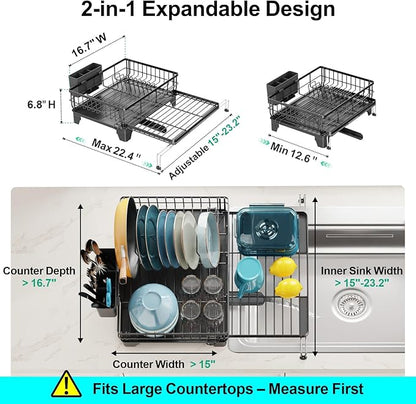 GSlife Expandable Dish Drying Rack for Kitchen Counter, Large Capacity 2-in-1 Rust Resistant Dish Drainer with Swivel Spout and Pull Out Over Sink Extension, 16.7" W x 12.6"-22.4" L, Black