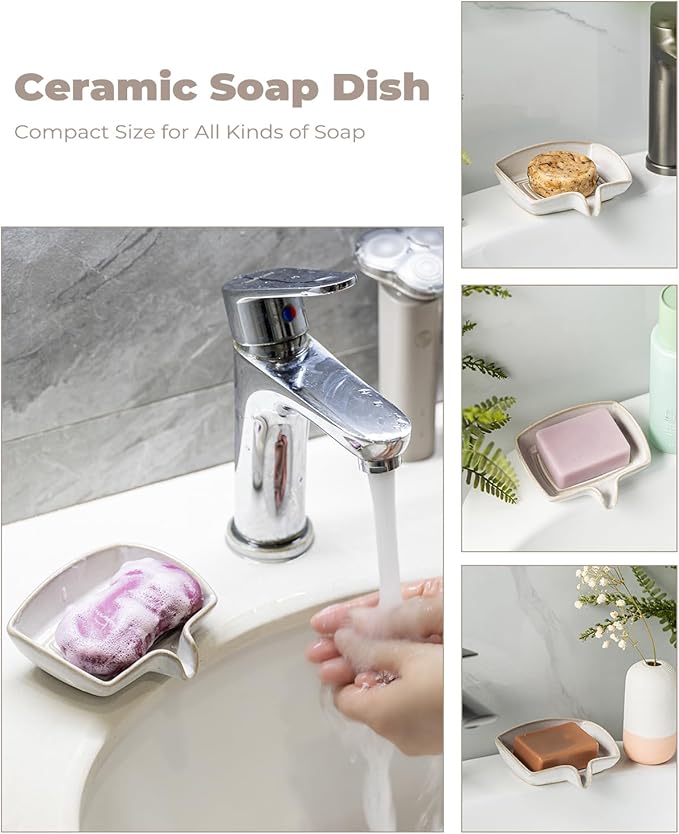 Soap Dishes, Ceramic Shower Soap Dish with Waterfall Design Bar Soap Holder Self Draining Soap Saver for Shower, Bathroom, Sink, Kitchen and Countertop, Beige White
