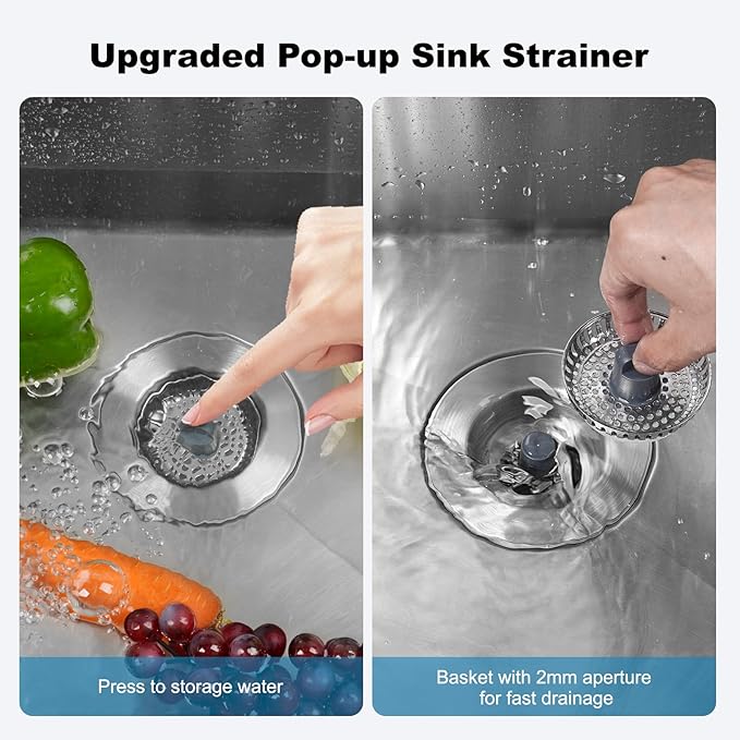 Universal All Metal Kitchen Sink Strainer with Drain Stopper Assembly, iFealClear Stainless Steel Pop Up Kitchen Sink Stopper, Dishwasher Safe, Fits US Standard 3-1/2'' Drain, Chrome Finished