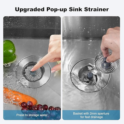 Universal All Metal Kitchen Sink Strainer with Drain Stopper Assembly, iFealClear Stainless Steel Pop Up Kitchen Sink Stopper, Dishwasher Safe, Fits US Standard 3-1/2'' Drain, Chrome Finished