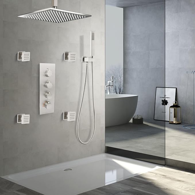 HOMEDEC Shower Jet Body Massage Wall Side Sprayer Square Brass Showerhead Can Swivel, 2x2inch Brushed Nickel, 4pc