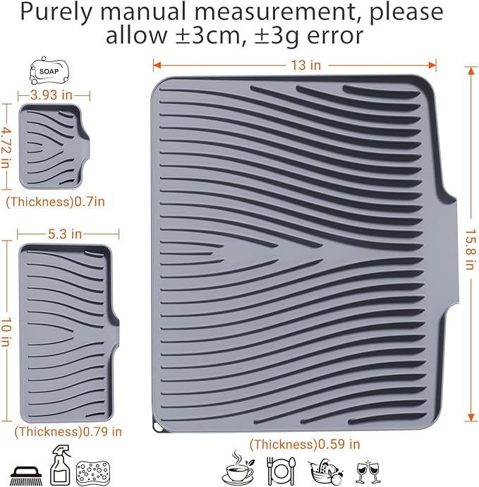 Silicone Dish Drying Mat for Kitchen Counter, Dish Drying Pad, Non-Slip Drain Pad with Built-in Drain, Heat Resistant Stone Drying Mat,Grey, 1Set
