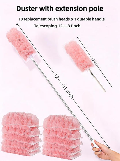 Heavy Duty Duster Refills, Disposable Dusters Kit for Cleaning Dusting Furniture Blind Ceiling Fan, Multi Surface 360 Feather Duster(10)+3FT Extended Handle（1） (Pink)