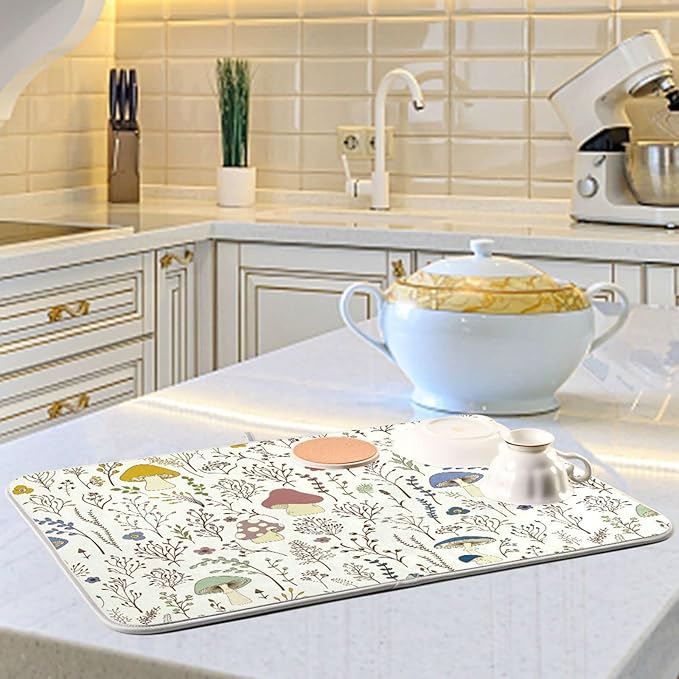 Cute Mushroom Wild Plant Dish Drying Mat for Kitchen Counter Absorbent Microfiber Drying Pad, Large 18x24 in, Reversible Drainer Mats