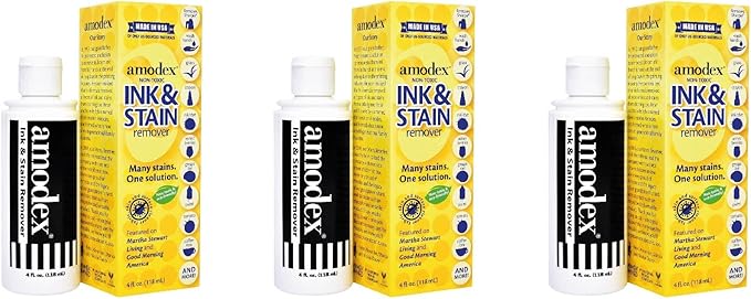 Amodex Ink & Stain Remover for Clothes, Leather and Skin - Removes Ink, Ballpoint, Sharpie, Grease and More, Works on Set-in Stains, Gentle but Powerful, 4oz/120ml Bottle (Pack of 3)