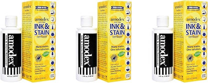 Amodex Ink & Stain Remover for Clothes, Leather and Skin - Removes Ink, Ballpoint, Sharpie, Grease and More, Works on Set-in Stains, Gentle but Powerful, 4oz/120ml Bottle (Pack of 3)