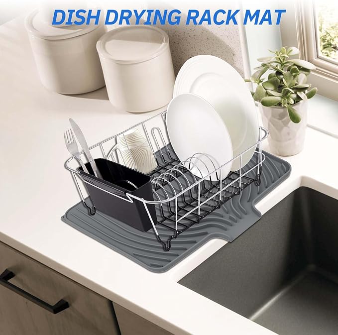 Dish Drying Mat for Kitchen Counter, with Built-in Drain Lip, 18x11.8 inch, Food-Grade Silicone, Easy Clean Pad for Countertop Protection, Heat Resistant, Easy Clean, Multi-Functional Use (Grey)