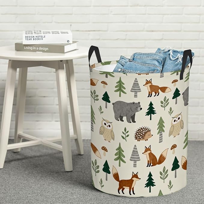 Kids Laundry Hamper Basket - Large Nursery Baby Hamper with Handle for Boys Girls Collapsible Clothes Baskets Organizer Toy Storage Bin Room Decor(Forest Animals)
