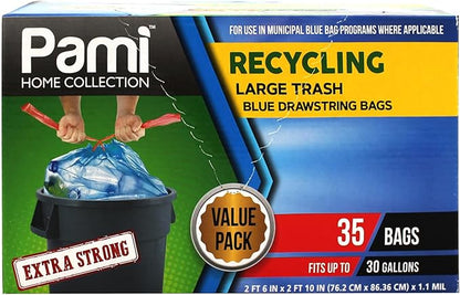 PAMI Recycling Tall Kitchen Drawstring Trash Bags- Extra-Strong Plastic Garbage Bags- Thick Trash Can Liners For Kitchen & Outdoor Bins- 2ft x2ft Unscented Trash Bags (30 Gallon – 35 Count – Blue)