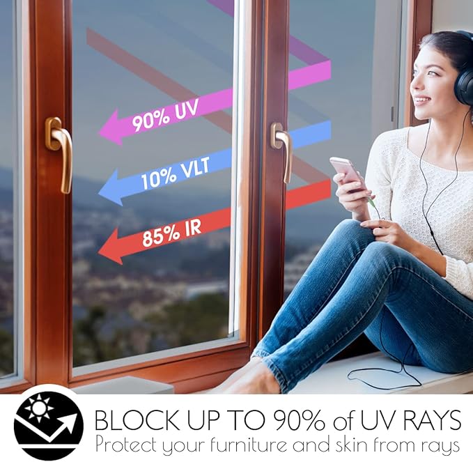 HIDBEA One Way Privacy Window Film, Daytime Mirror Reflective Heat Control UV Sun Blocking Non-Adhesive Static Cling Window Tint for Home and Office (Black-Silver, 29.5 Inch x 13.1 Feet)