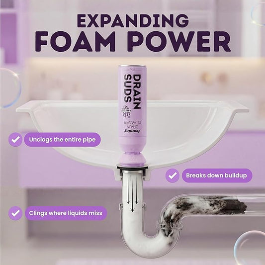 Foaming Drain Cleaner, Sink Cleaner and Deodorizer, Drain Clog Remover for Kitchen Sinks, Bathrooms, Shower Drains, Tubs, Washbasin, Clogged Pipe Opener, Lavender, 1 Pack